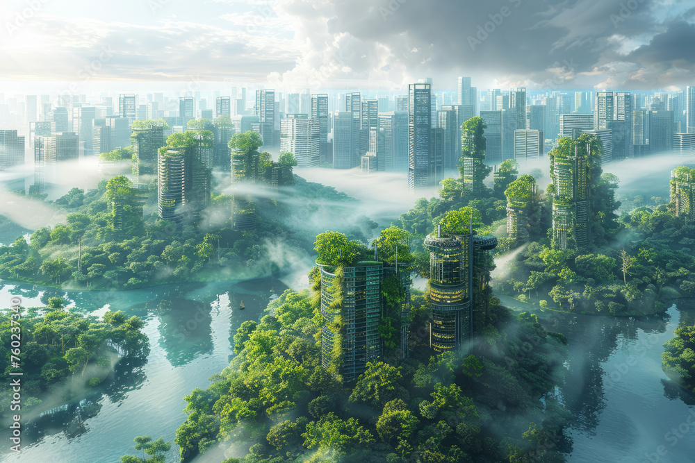 Fototapeta premium Eco-architecture, futuristic city landscape with a lot of trees