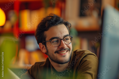 a man with glasses is smiling while looking at a computer