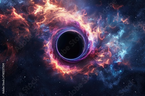 A deep space background with a black hole and event horizon photo