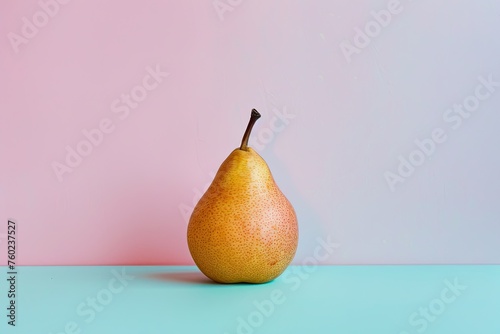 A minimalist composition of a single pear on a pastel-colored surface