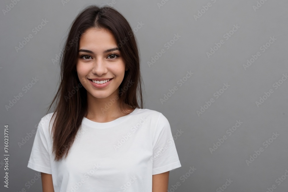 Young Brazilian woman in a white shirt, smiling and looking at the camera, standing on a grey background with copy space. Young Brazilian woman in a white shirt, smiling and looking at the camera, standing on a grey background with copy space.