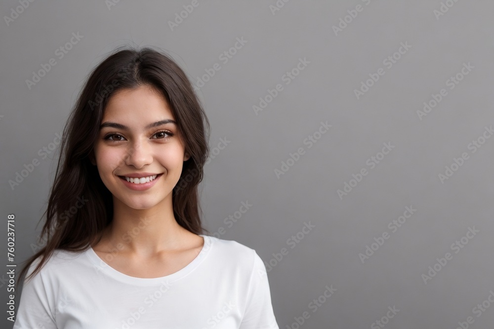 Young Brazilian woman in a white shirt, smiling and looking at the camera, standing on a grey background with copy space. Young Brazilian woman in a white shirt, smiling and looking at the camera, standing on a grey background with copy space.