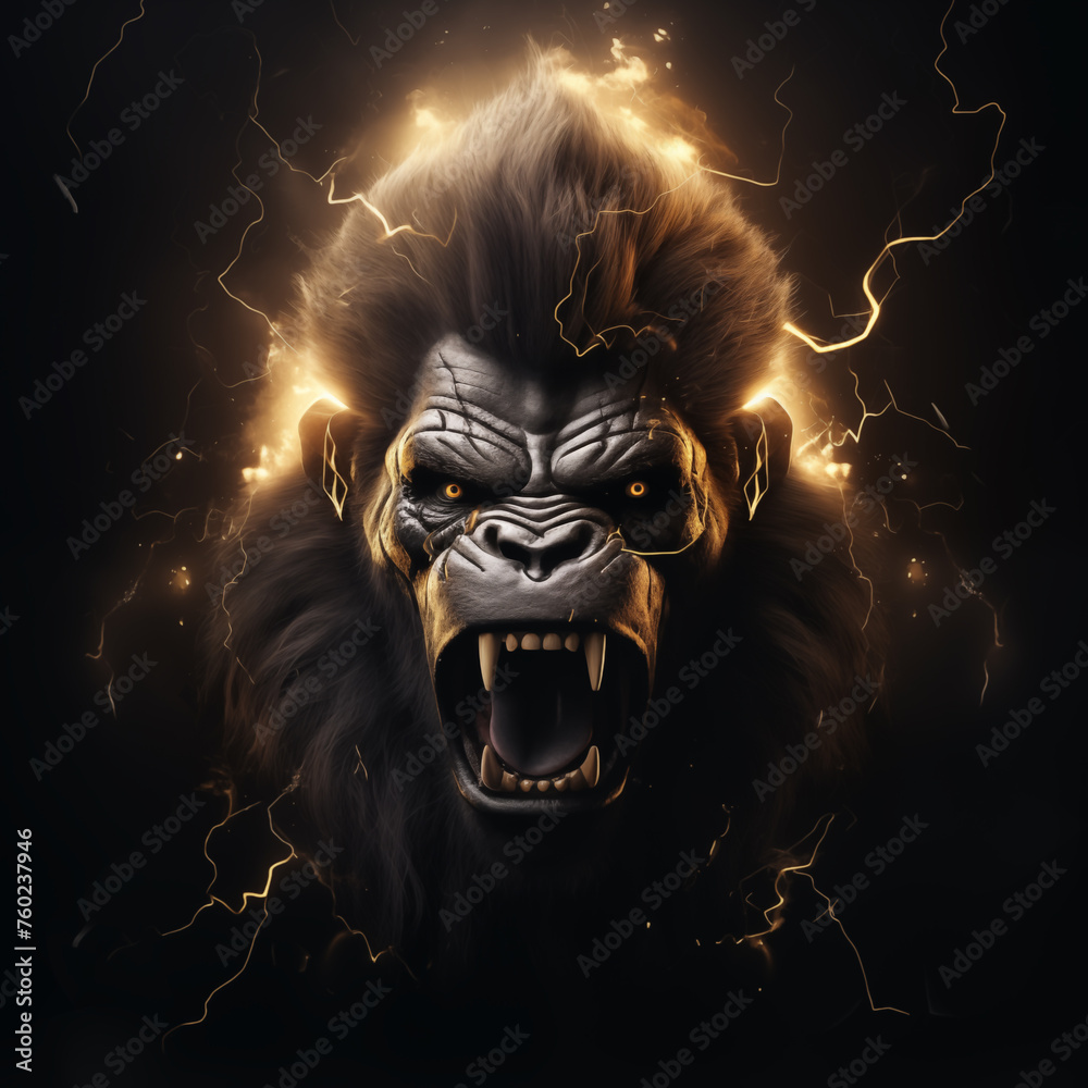 Head of King Kong with the flashlight on dark background, Illustration
