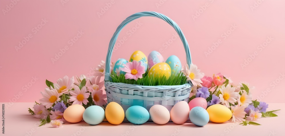 Easter basket full of easter eggs among spring flowers on a pink background Easter basket full of easter eggs among spring flowers on a pink background