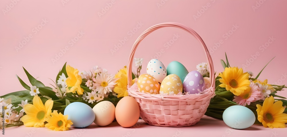 Easter basket full of easter eggs among spring flowers on a pink background Easter basket full of easter eggs among spring flowers on a pink background