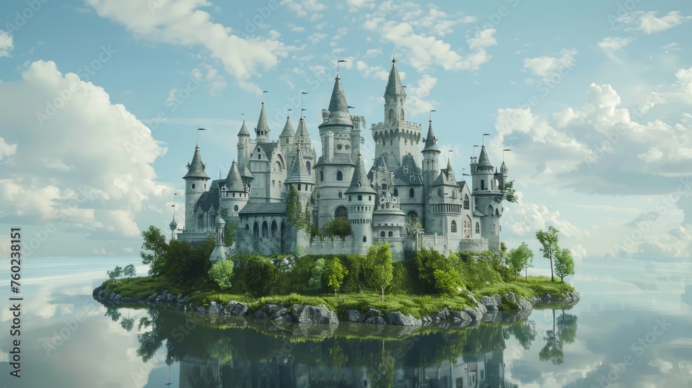 floating castle or palace on island on sky, amazing building for wallpaper 