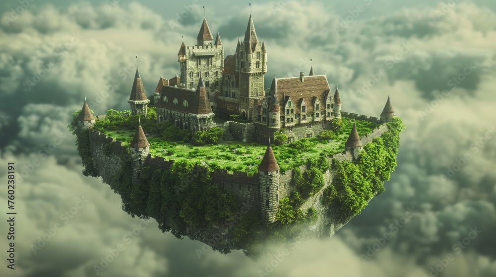 floating castle or palace on island on sky, amazing building for wallpaper 