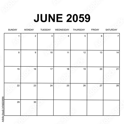 june 2059. monthly calendar design. week starts on sunday. printable, simple, and clean vector design isolated on white background.