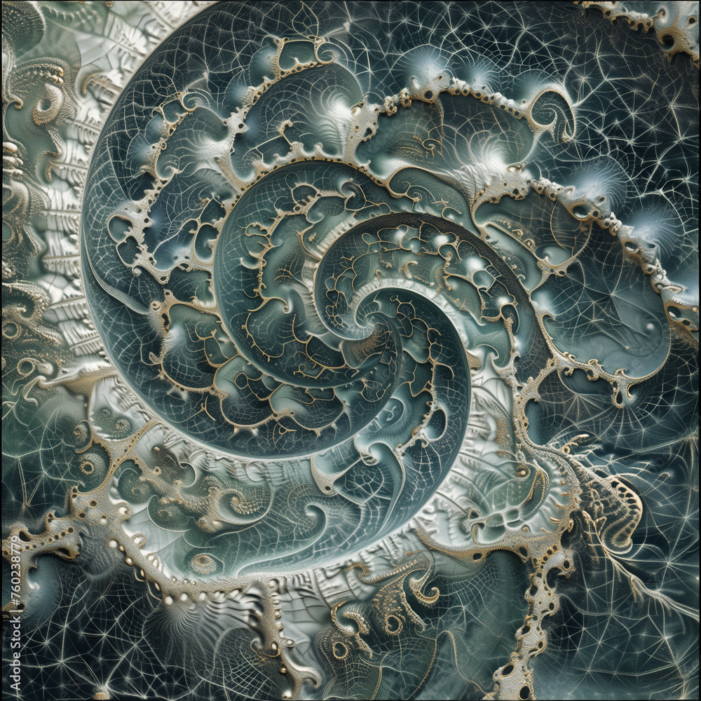 Abstract Fractal, Neuron Network Art, Complex Spirals and Circles in Monochrome and Gold, Mesmerizing Intricacy.