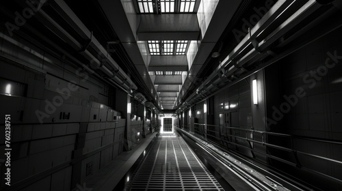 Monochrome industrial corridor with symmetrical lines and metal structures, leading to a bright exit.