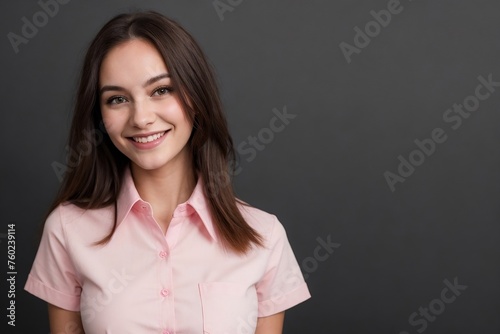 Stylish young woman wearing a pink office shirt, smiling and looking at the camera, standing on a dark grey background with copy space.