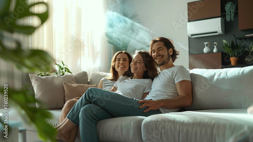 Happy family resting on sofa under air conditioner with air flow in living room. green clean air room concept