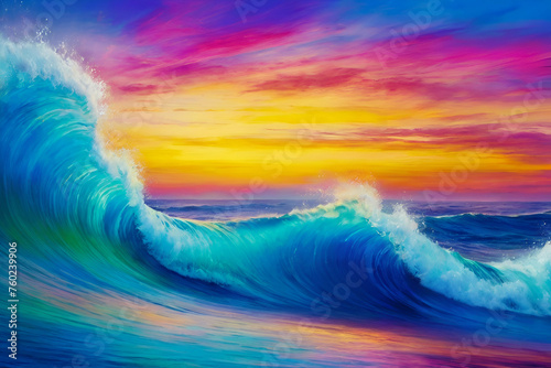 Colorful sky and ocean wave abstract background. Oil painting style. © rutchakon