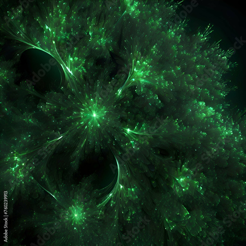Abstract Digital art green sparkles on black background. Fantasy fractal texture.