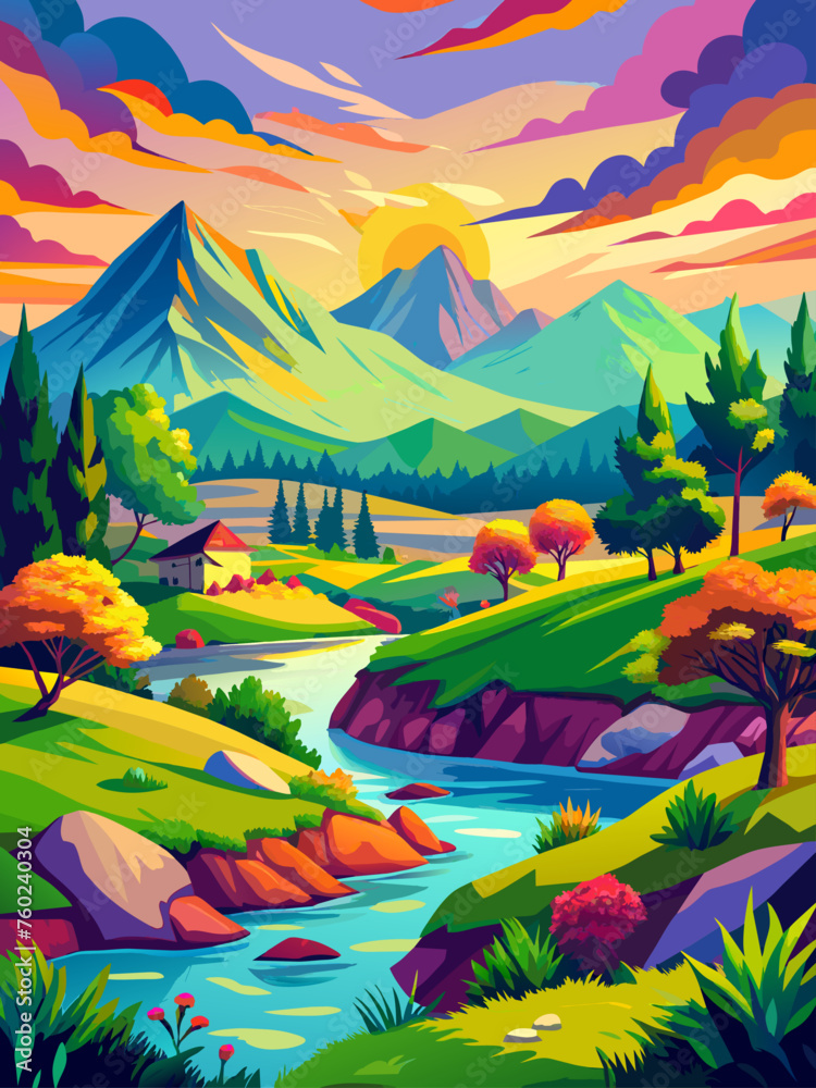 Watercolors vector landscape background with a peaceful lake and mountains in the distance.
