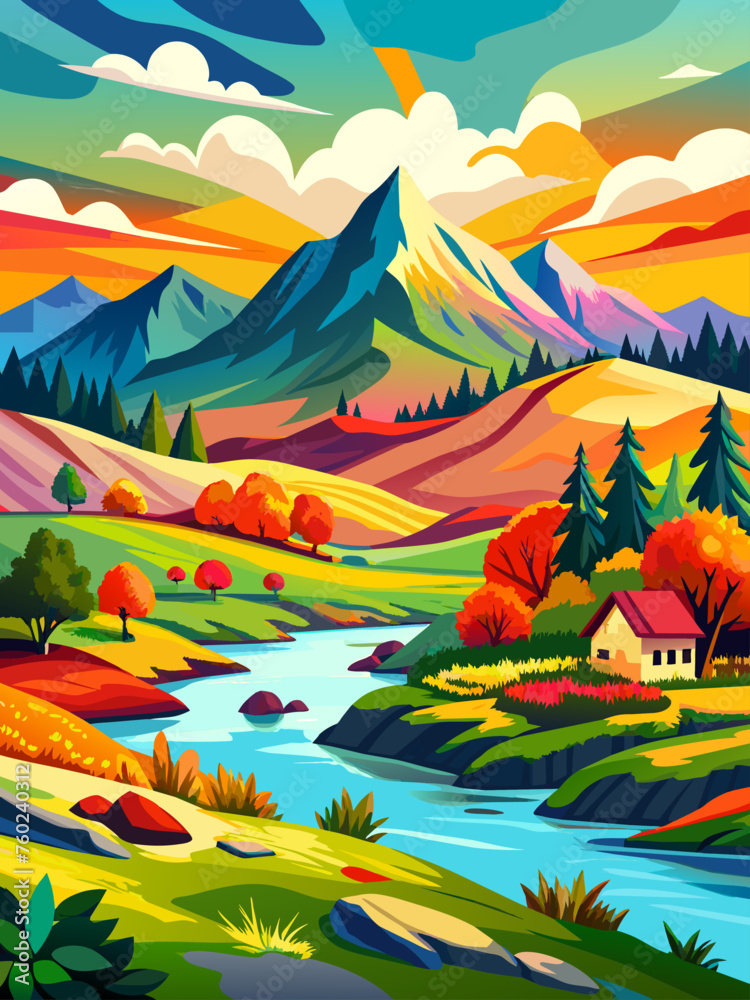 A serene watercolor landscape featuring rolling hills, a tranquil lake, and vibrant skies.