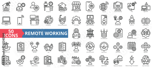 Remote working icon collection set. Containing employment, workplace, workhouse, digital nomad, mobile work, internet, cloud computing icon. Simple line vector