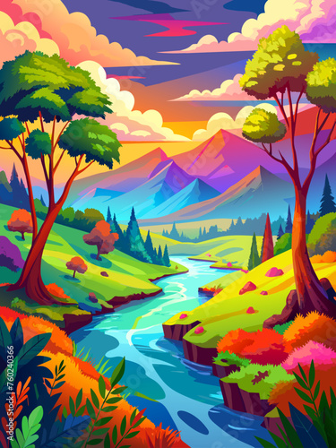 Watercolor vector landscape background featuring a serene mountain range and tranquil lake.