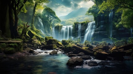waterfall in nature painting art picture for wallpaper