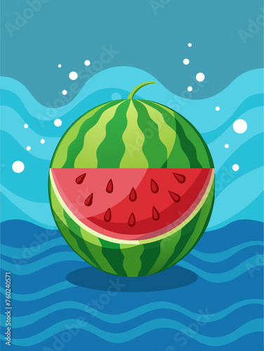 A juicy and refreshing watermelon floats gracefully in a crystal-clear pool of water.