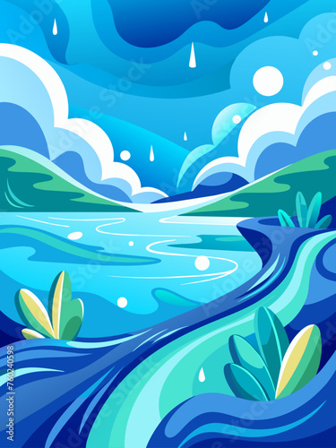 Water droplets dance and shimmer across an ethereal blue background, creating an abstract and captivating spectacle.