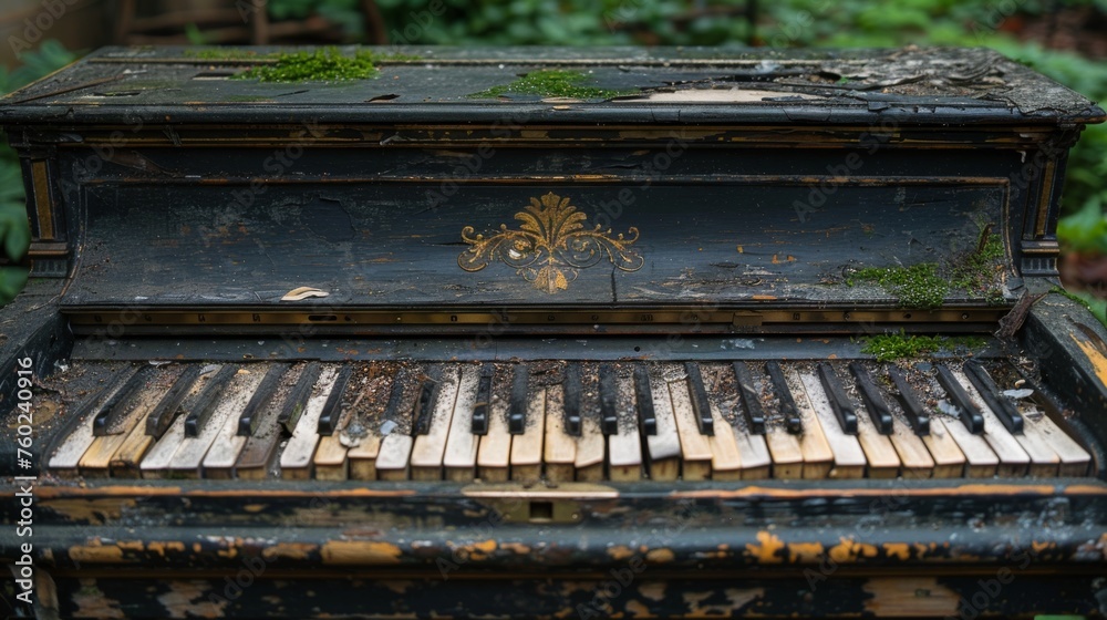 With keys worn by countless melodies, a weathered piano exudes the soulful beauty of imperfect notes, its resonance echoing the passage of time With keys worn by countless melodies, a weathered piano exudes the soulful beauty of imperfect notes, its resonance echoing the passage of time