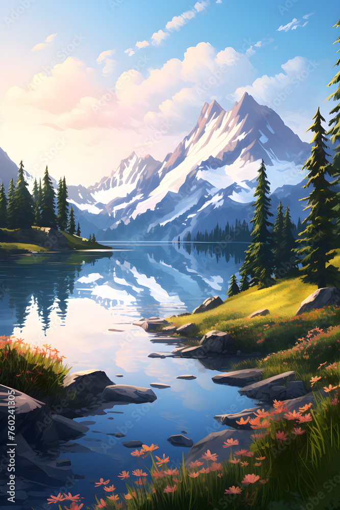 Breathtaking Deep Learning Portrayal of a Serene Mountain Landscape at Sunset
