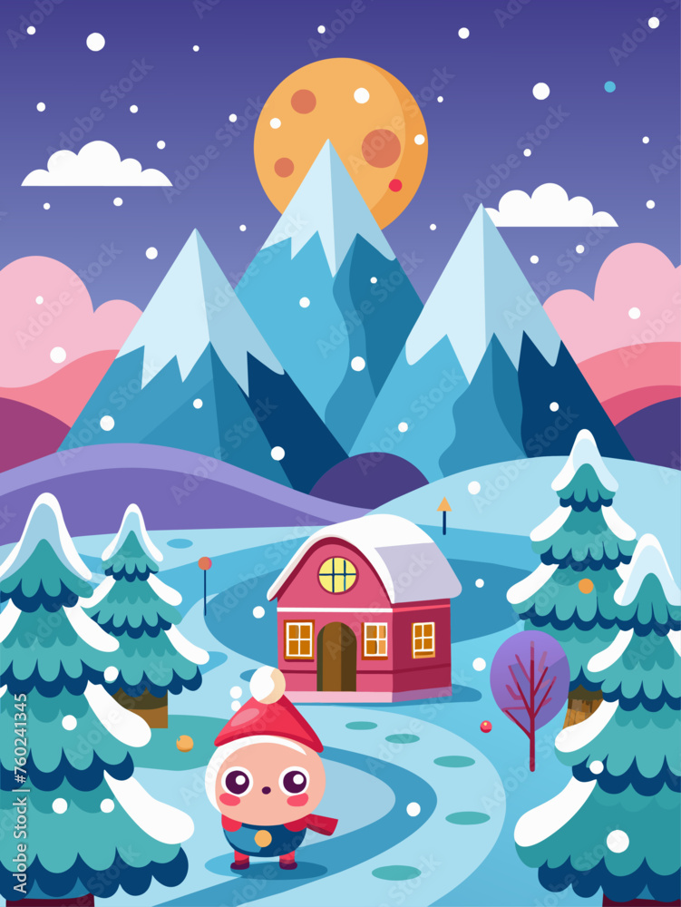 Winters cute vector landscape background with snow-covered trees, mountains, and a clear sky.