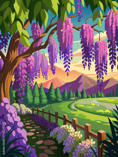 Wisteria flowers bloom in abundance, creating a picturesque landscape under a clear sky.
