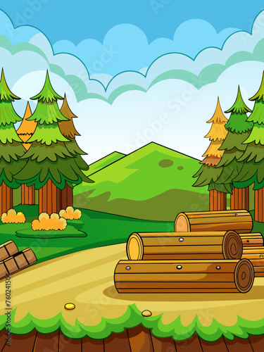 Serene woodsy landscape with towering trees and distant mountain views.