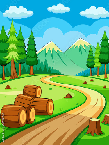 Serene woodsy landscape with towering trees and distant mountain views.