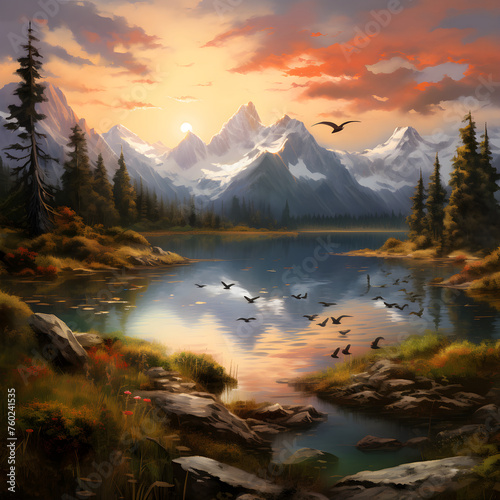 Breathtaking Deep Learning Portrayal of a Serene Mountain Landscape at Sunset © Michael