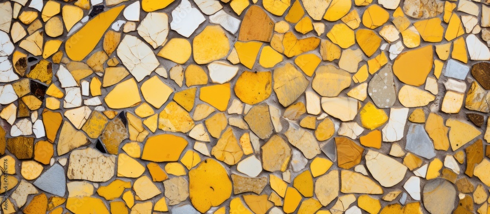 A detailed closeup of a stone wall featuring a yellow and white pattern with cobblestone flooring. The rocks vary in shades of brown, amber, and yellow, creating a unique texture A detailed closeup of a stone wall featuring a yellow and white pattern with cobblestone flooring. The rocks vary in shades of brown, amber, and yellow, creating a unique texture