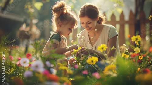 A photo of a mother and little daughter planting flowers plant in the garden together as a hobby with bokeh effect