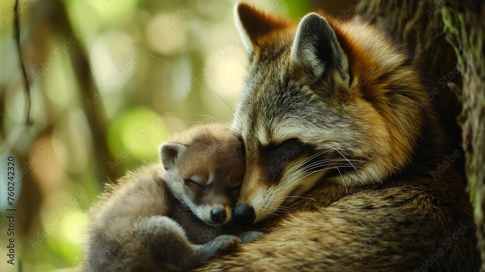 potrait-of-baby-raccoon-sleeping-on-mother-s-body-with-blurred-wild