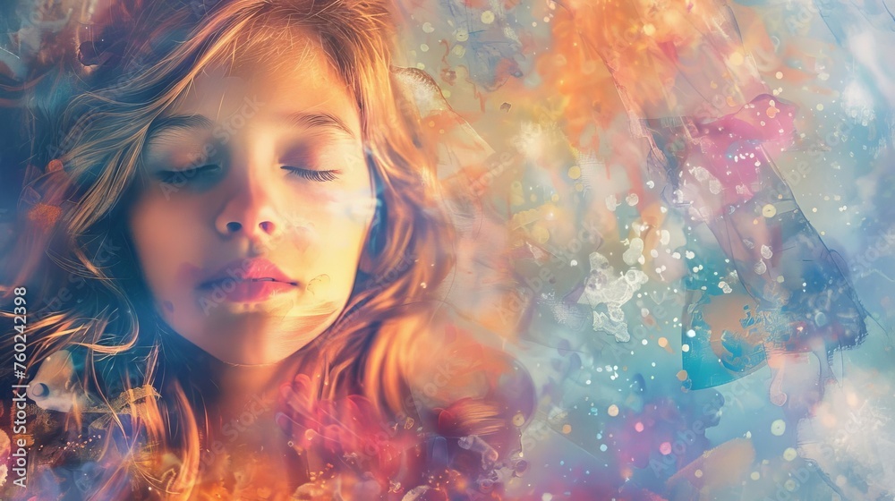 Fototapeta premium Enchanting portrait of a dreamy young girl, transcendent meditation concept, stylized digital painting