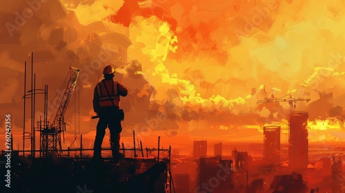 Dramatic, Atmospheric Digital Painting of a Construction Worker Surveying a Vast Building Site at Sunset