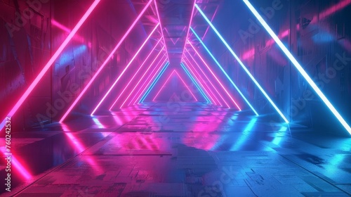 Futuristic 3D abstract neon background with ascending pink and blue laser lines