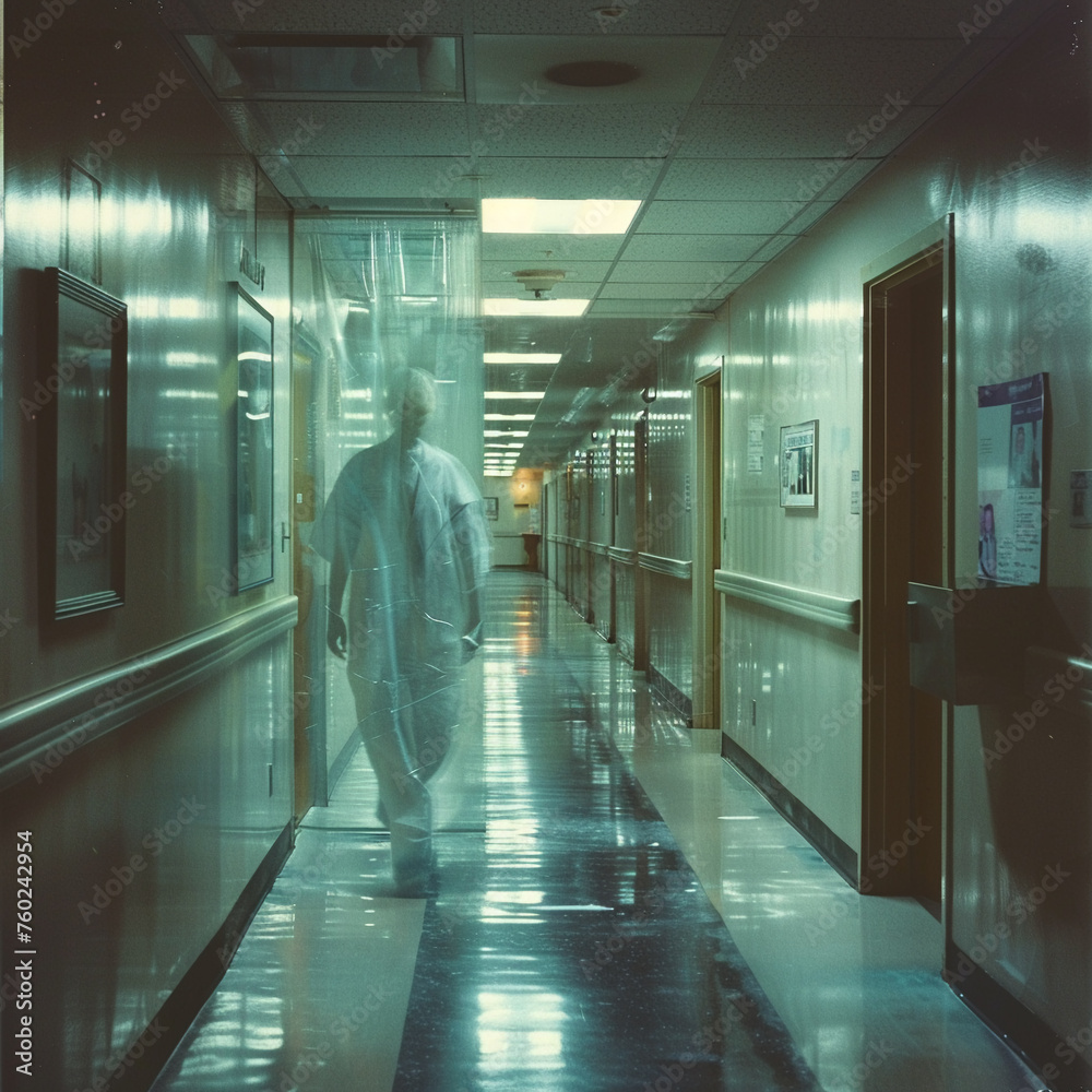 Ghostly figure of doctor in emergency room, dim light, ethereal glow, wide angle, eerie calm. Ghostly figure of doctor in emergency room, dim light, ethereal glow, wide angle, eerie calm.
