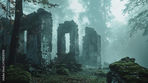 Mysterious ancient stone ruins in misty forest, adventure and exploration concept