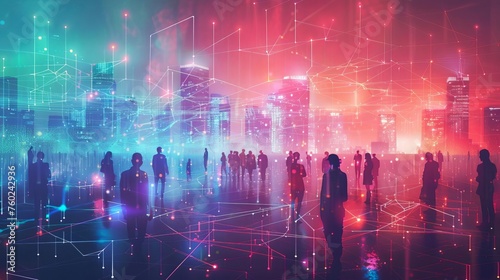 Network of human silhouettes connected by glowing lines, big data and smart city concept digital illustration photo