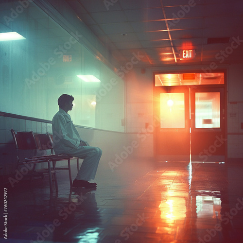 Ghostly figure of doctor in emergency room, dim light, ethereal glow, wide angle, eerie calm.