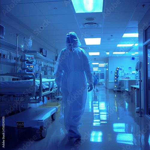 Ghost doctor beside ER equipment, ethereal blue light, wide shot, otherworldly assistance.