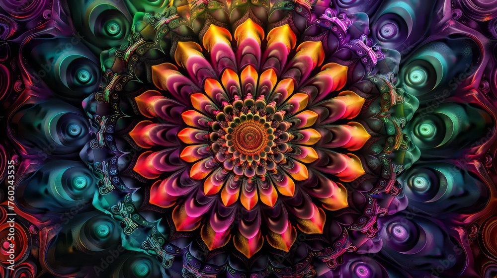 Vibrant Psychedelic Mandala with Intricate Geometric Patterns, Digital Abstract Illustration