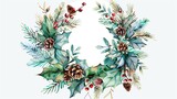 Watercolor christmas wreath with metallic accents isolated on white background