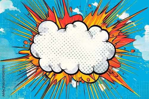 Comic book style cartoon explosion with a white cloud in the center, pop art background