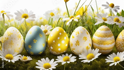Easter Eggs and Daisies on White Background
