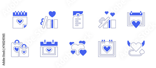 Valentine's Day icon set. Duotone style line stroke and bold. Vector illustration. Containing present, valentines day, wedding date, romantic date, menu, shopping bags, heart.