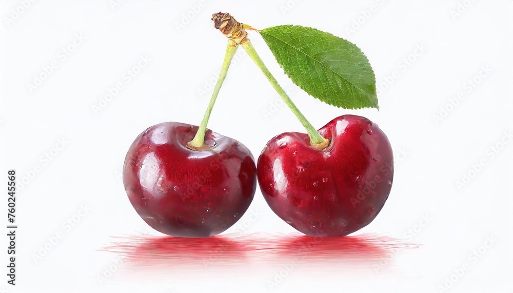 Fresh Red Cherries with Leaf on White Background Fresh Red Cherries with Leaf on White Background