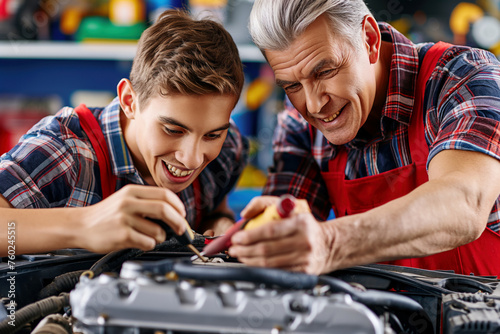 a father and son repairing a car engine in the garage